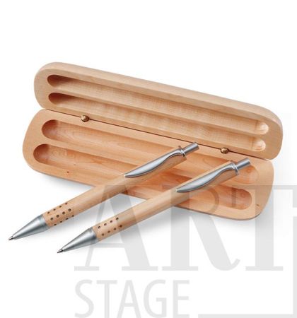 Gift set with ball pen and mechanical pencil in wooden box