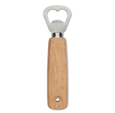 Bottle opener with oak wood handle.