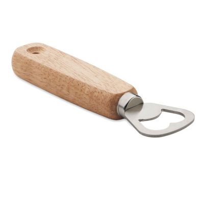 Bottle opener with oak wood handle.
